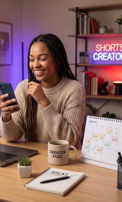 A creator at her desk reviewing her posting schedule on her phone, a wall calendar beside her
